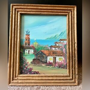 Vintage Mediterranean Coastal Oil Painting Framed Sailboat Nautical Wall Art